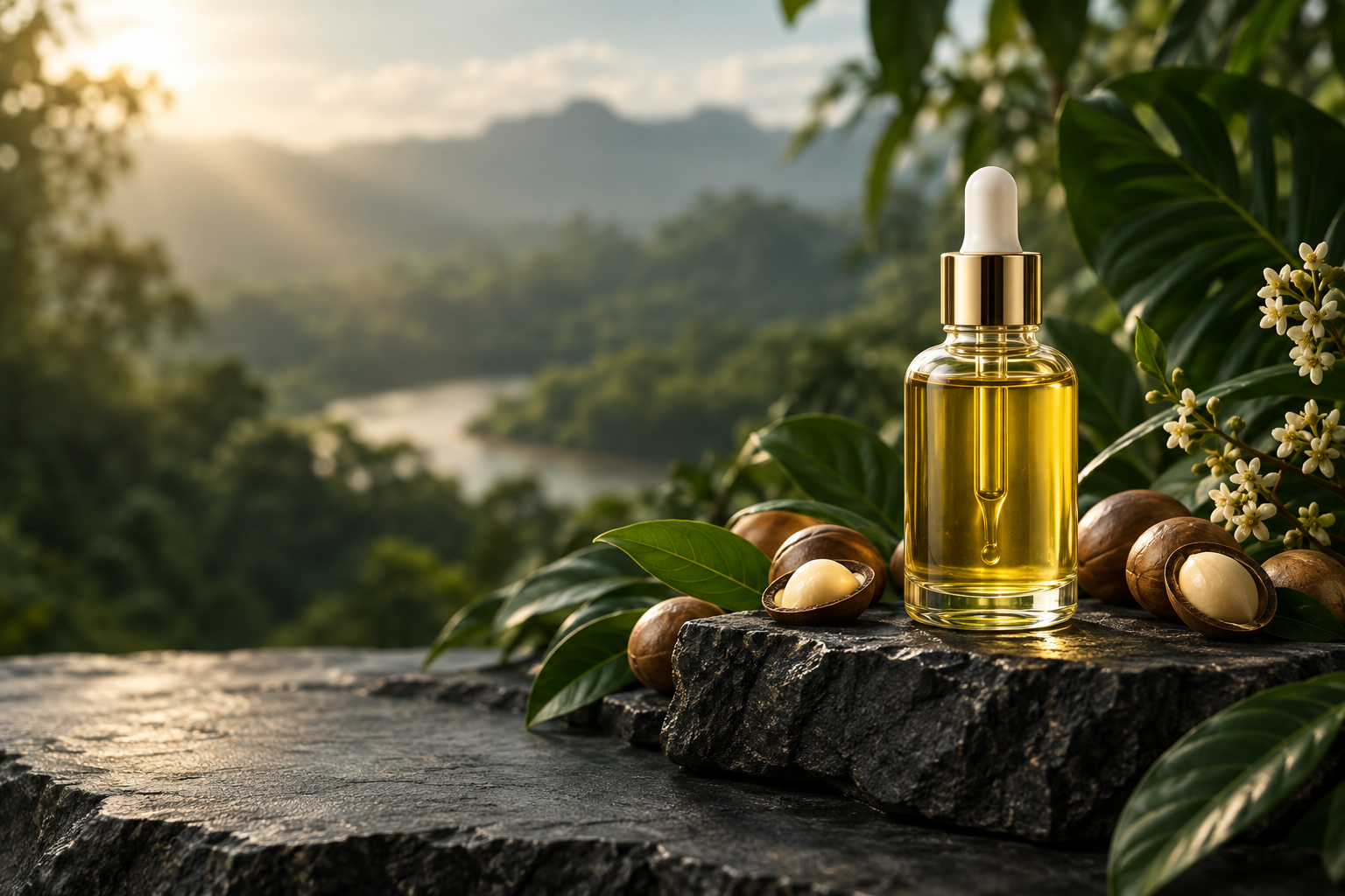 Aceite botánico de cacay en un paisaje natural